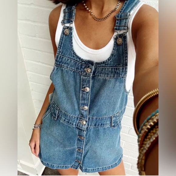 FREE PEOPLE EDDIE DENIM OVERALL MINI DRESS SKIRTALL XS NWT - Picture 5 of 15